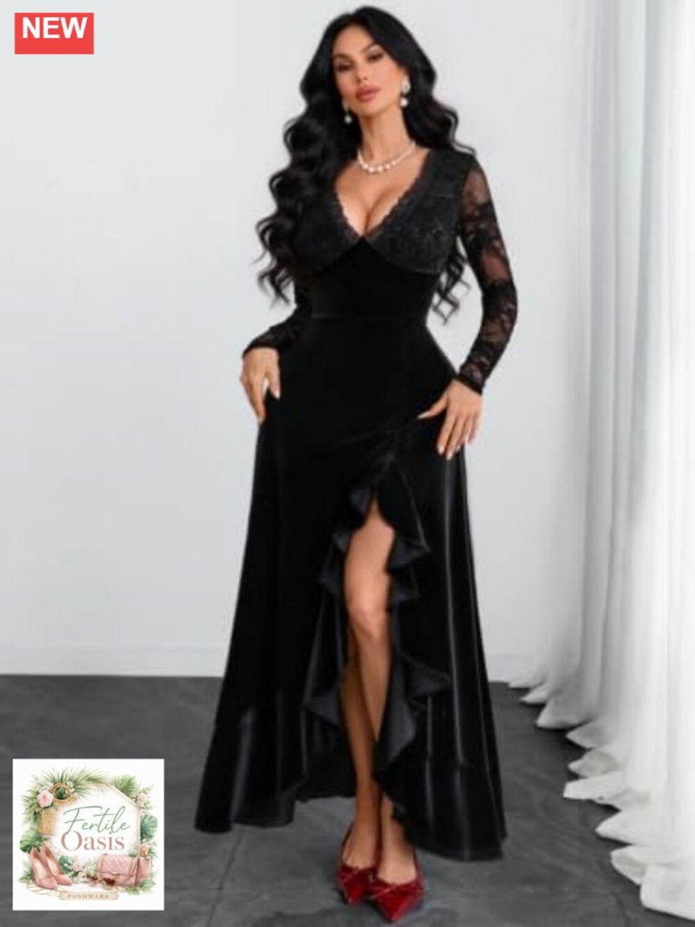 Women's Velvet Lace Long Sleeve Maxi Dress Plunging V-Neck Formal Gown - Picture 3 of 5